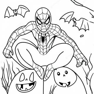 Gruseliger Spiderman mit Kürbissen Ausmalbild | Spiderman Halloween Ausmalbild