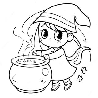 Niedliche Anime Hexe mit einem Kessel Ausmalbild | Anime Halloween Ausmalbild