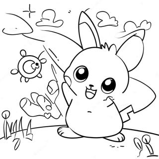 Niedliches Pichu, das mit Freunden spielt Ausmalbild | Pichu Ausmalbild