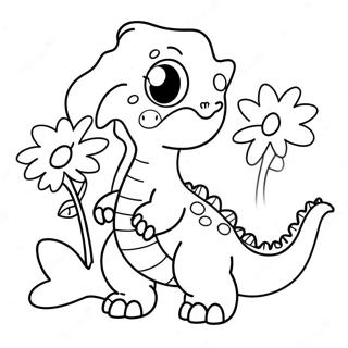 Süßer Dinosaurier mit Blumen Ausmalbild | Dinosaurier Valentinstag Ausmalbild