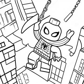 Lego Spiderman schwingt durch die Stadt Ausmalbild | Spiderman Lego Ausmalbild