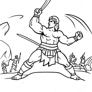 David und Goliath epischer Kampf Ausmalbild | David und Goliath Ausmalbild