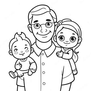 Niedlicher Cartoon-Vater mit Kindern Ausmalbild | Vorschule Vatertag Ausmalbild