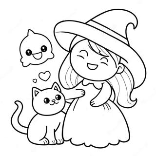 Niedliche Hexe mit einer Katze Ausmalbild | Hexenhaft Ausmalbild