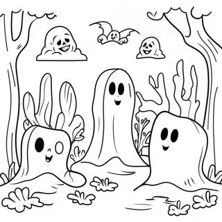 Spooky Friedhof mit Geistern Ausmalbild | Friedhof Ausmalbild