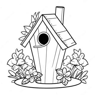 Buntes Vogelhaus mit Blumen Ausmalbild | Vogelhaus Ausmalbild