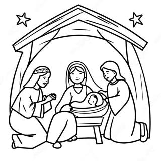 Fröhliche Krippenszene Ausmalbild | Weihnachtsgeschichte Ausmalbild