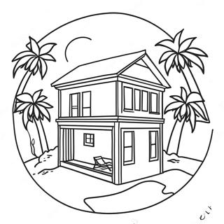 Sonniges Strandhaus mit Palmen Ausmalbild | Strandhaus Ausmalbild