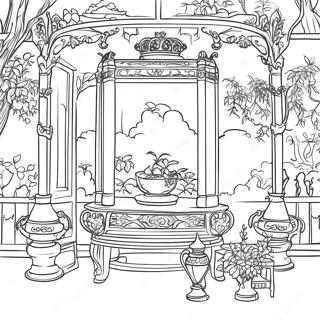 Elegante Chinoiserie Szene Ausmalbild | Chinoiserie Ausmalbild