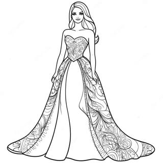 Barbie in einem glitzernden Abendkleid Ausmalbild | Barbie Kleid Ausmalbild