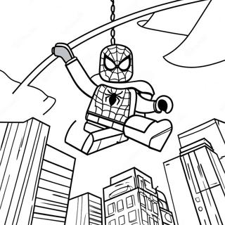 Lego Spiderman schwingt durch die Stadt Ausmalbild | Lego Spiderman Ausmalbild
