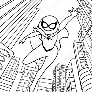 Spider Gwen schwingt durch die Stadt Ausmalbild | Spider Gwen Ausmalbild