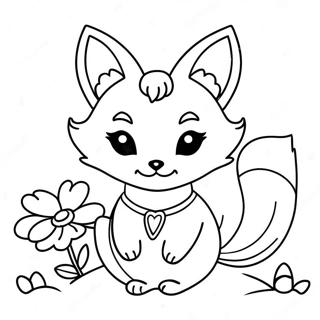 Niedliche Kitsune mit Blumen Ausmalbild | Kitsune Ausmalbild
