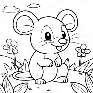 Liebenswerte Maus auf einem Blumenfeld Ausmalbild | Niedliche Maus Ausmalbild