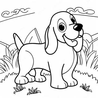 Verspielter Basset Hound im Gras Ausmalbild | Basset Hound Ausmalbild
