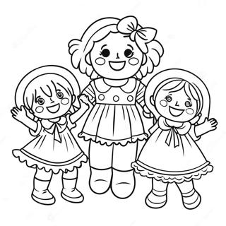 Fröhliche Raggedy Ann mit Freunden Ausmalbild | Zottelige Ann Ausmalbild