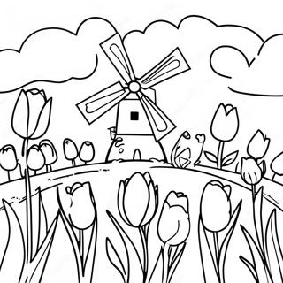 Holländische Landschaft mit Tulpen Ausmalbild | Holland Ausmalbild
