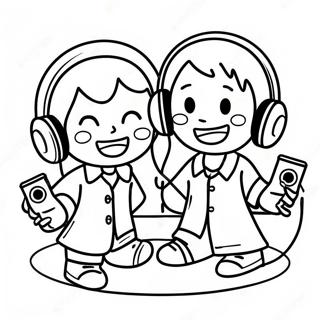 Glückliche Kinder hören Musik Ausmalbild | Zuhören Ausmalbild