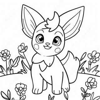 Niedliches Leafeon auf einem Blumenfeld Ausmalbild | Blattara Ausmalbild