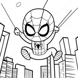 Chibi Spiderman schwingt durch die Stadt Ausmalbild | Chibi Spiderman Ausmalbild