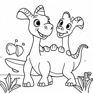 Niedlicher Parasaurolophus, der mit Freunden spielt Ausmalbild | Parasaurolophus Ausmalbild