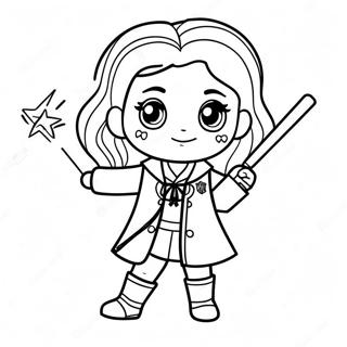 Chibi Hermine Granger mit Zauberstab Ausmalbild | Harry Potter Chibi Ausmalbild