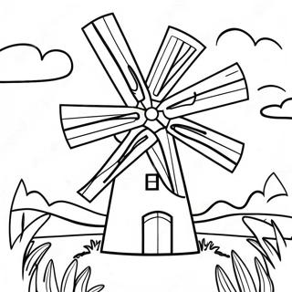 Bunte Windmühle in einer sonnigen Landschaft Ausmalbild | Windmühle Ausmalbild