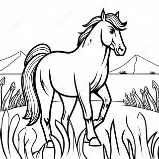 Wild Mustang Pferd auf einer Wiese Ausmalbild | Mustang Pferd Ausmalbild