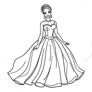 Elegante schwarze Barbie in einem Ballkleid Ausmalbild | Schwarze Barbie Ausmalbild