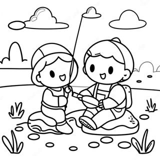 Niedliche Kinder beim Angeln am See Ausmalbild | Angeln Ausmalbild