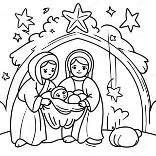 Fröhliche Krippenszene Ausmalbild | Weihnachtsbibelvers Ausmalbild