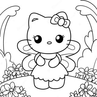 Niedliche Hallo Kitty Fee im Blumengarten Ausmalbild | Hallo Kitty Fee Ausmalbild