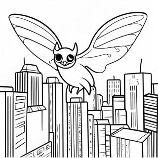 Mothman fliegt über die Stadt Ausmalbild | Mottenmann Ausmalbild
