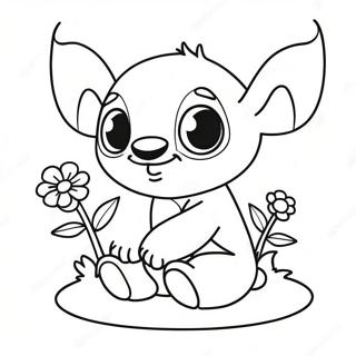 Liebenswerter Baby-Stitch mit Blumen Ausmalbild | Süßer Baby Stitch Ausmalbild