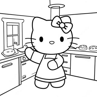 Hallo Kitty kocht in der Küche Ausmalbild | Hallo Kitty Kochen Ausmalbild