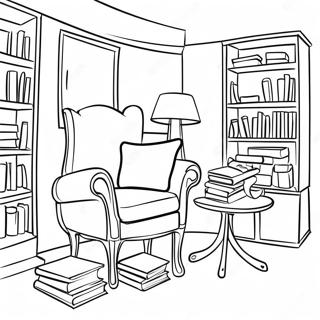 Gemütliche Leseecke Bibliotheks-Ausmalbild | Bibliothek Ausmalbild