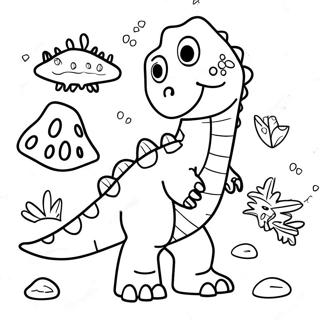 Dino Dana mit bunten Dinosauriern Ausmalbild | Dino Dana Ausmalbild