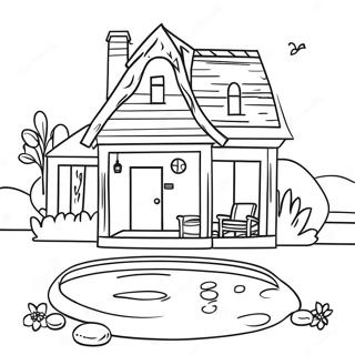 Gemütliches Haus mit Gartenpool Ausmalbild | Haus mit Pool Ausmalbild