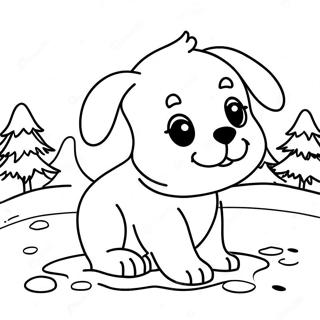 Verspielter Welpe im Schnee Ausmalbild | Winterhund Ausmalbild