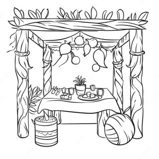 Festliche Sukkah mit Dekorationen Ausmalbild | Sukkah Ausmalbild