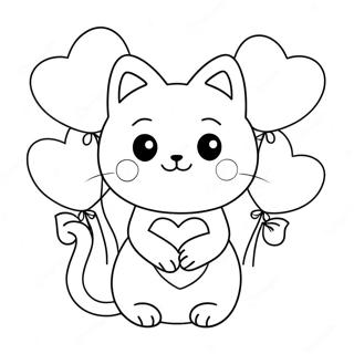 Niedliche Valentinstag Katze mit Herzluftballons Ausmalbild | Valentinstag Katze Ausmalbild