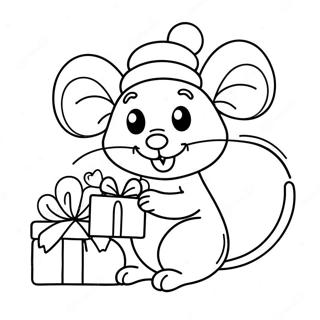 Niedliche Weihnachtsmaus mit Geschenk Ausmalbild | Weihnachtsmaus Ausmalbild