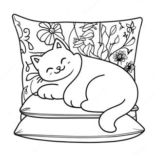 Niedliche Katze schläft auf einem Kissen Ausmalbild | Schlafende Katze Ausmalbild