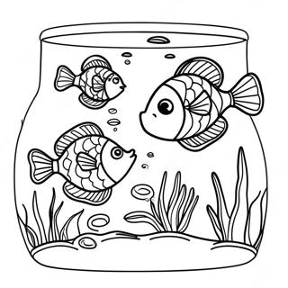 Bunte Fische schwimmen im Fischglas Ausmalbild | Fischbehälter Ausmalbild
