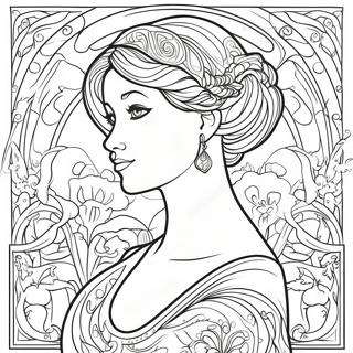 Elegante Jugendstil Dame Ausmalbild | Jugendstil Ausmalbild