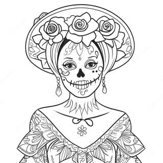 Elegante Catrina mit Blumen Ausmalbild | Catrina Ausmalbild