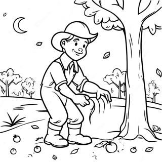 Ausmalseite von Johnny Appleseed beim Pflanzen von Apfelbäumen | Johnny Appleseed Ausmalbild