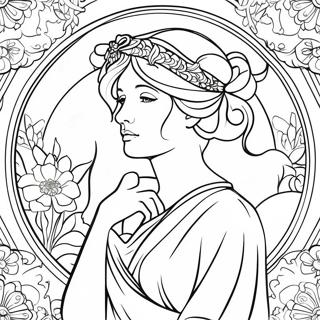 Elegante Alphonse Mucha Dame Ausmalbild | Alphonse Mucha Ausmalbild
