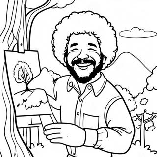 Fröhlicher Bob Ross malt einen glücklichen Baum Ausmalbild | Bob Ross Ausmalbild