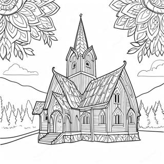 Traditionelle norwegische Stabkirche Ausmalbild | Norwegen Ausmalbild